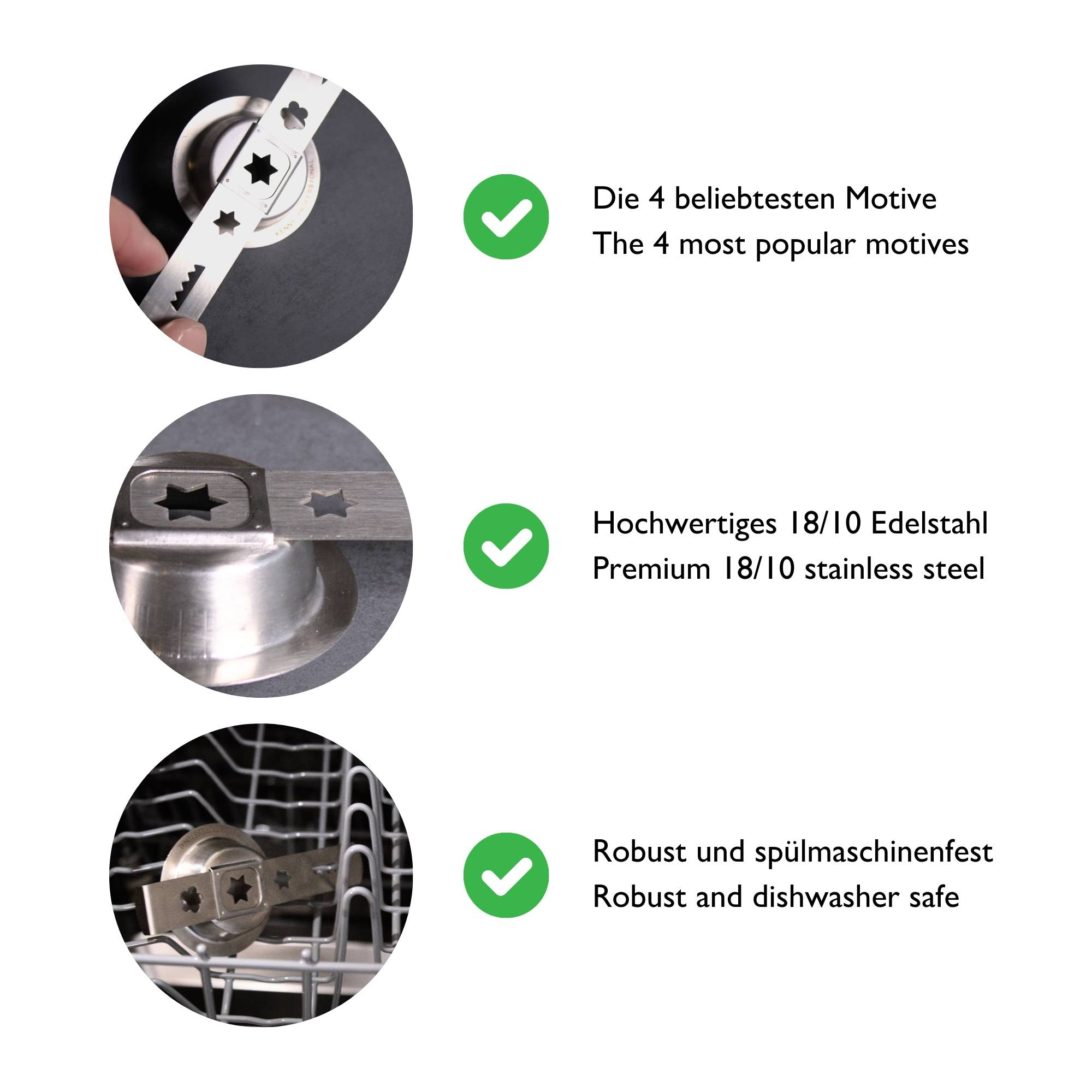 Nahaufnahme von Geschirrspülteilen. Drei Bilder zeigen Schneidwerkzeuge mit Sternformen, eins in einer Spülmaschine.