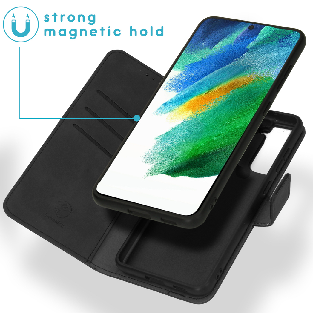 Zwarte telefoonhoes met telefoon, magnetische houder icoon en 'sterke magnetische grip'.
