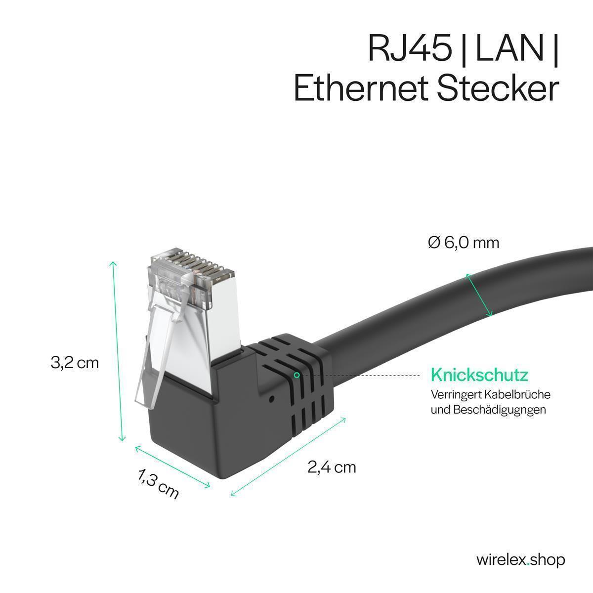 Ein RJ45 LAN Ethernet-Anschluss mit Maßangaben. Der Stecker ist schwarz.