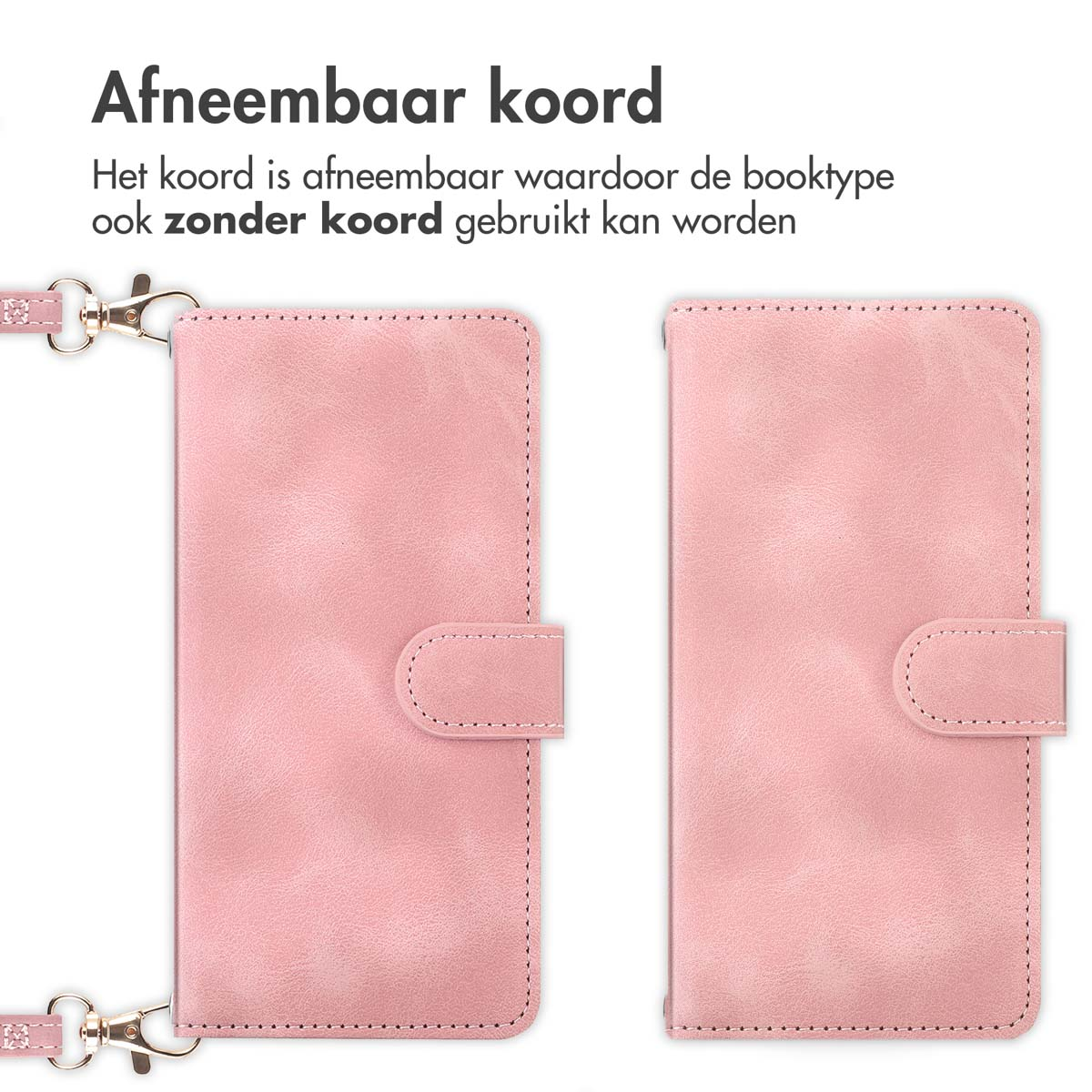 Roze telefoonhoesje met afneembaar koord. De hoes is gesloten met een magnetische sluiting.
