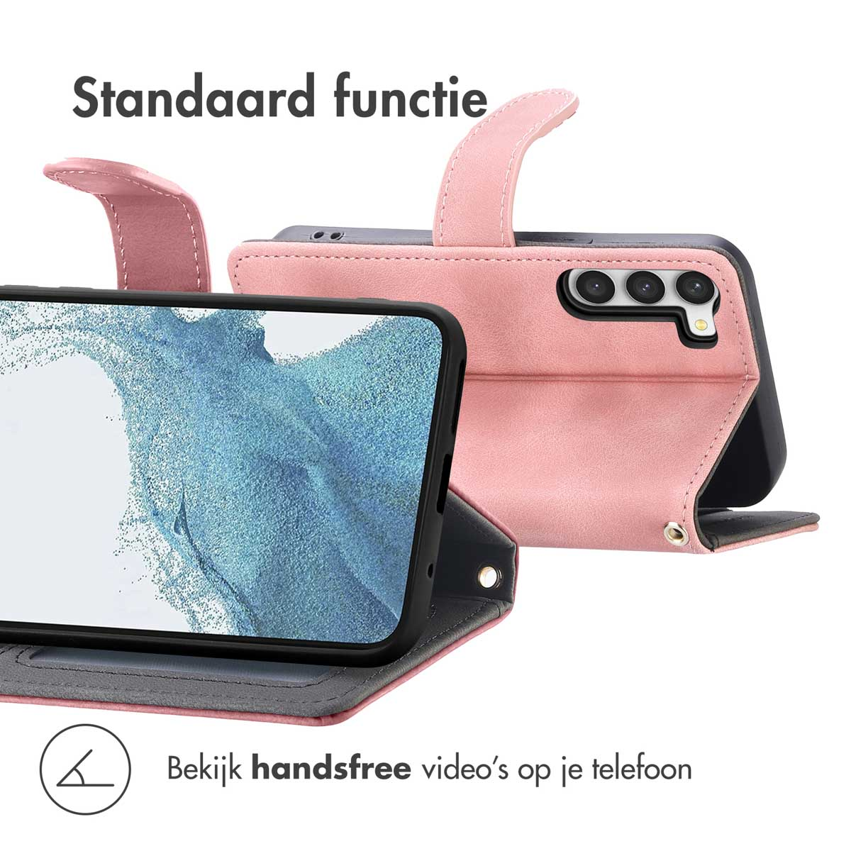 Roze telefoonhoesje met een telefoon erin. Het is geopend. Tekst: Standaardfunctie. Handmatig gebruik.