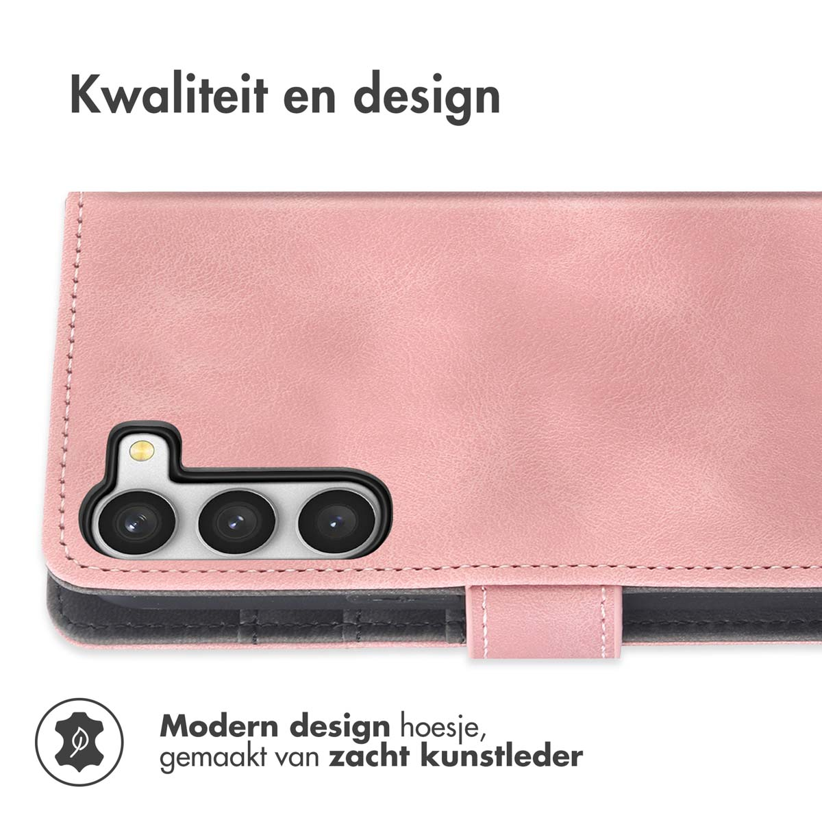 Roze telefoonhoesje, close-up van de camera-uitsparing, zwart interieur.