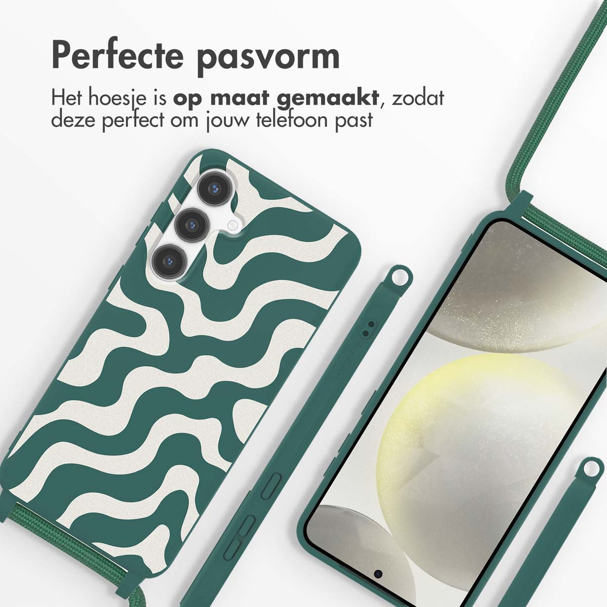 Custodia verde per telefono con un motivo bianco ondulato, un cinturino abbinato e un telefono.