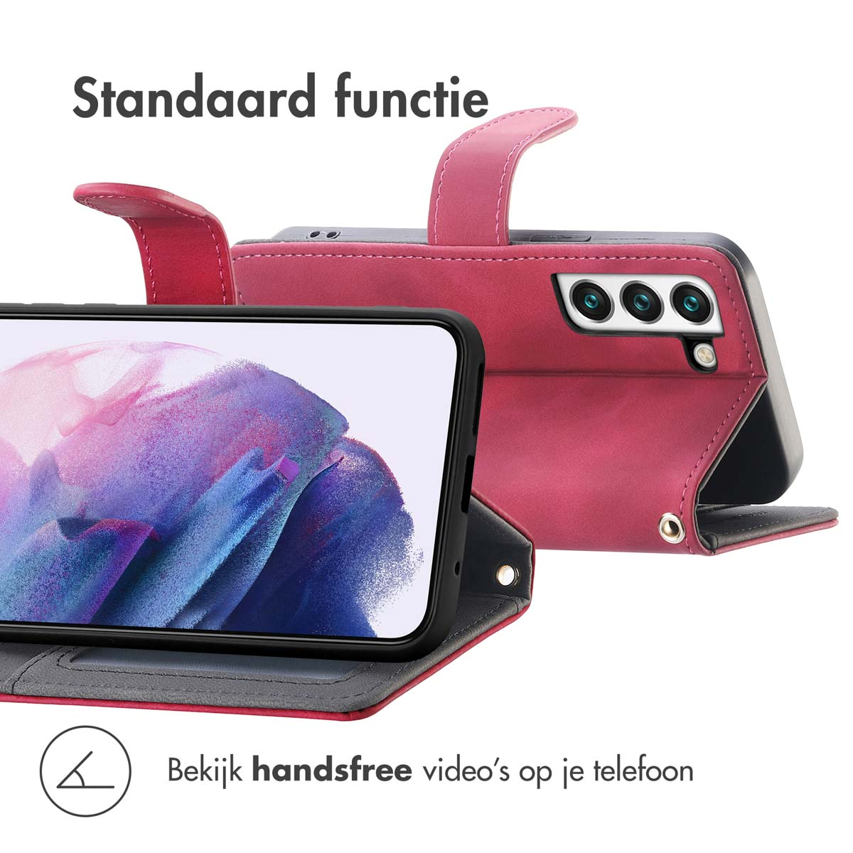 Roze telefoonhoesje met telefoon erin en tekst: Bekijk handsfree video’s op je telefoon.