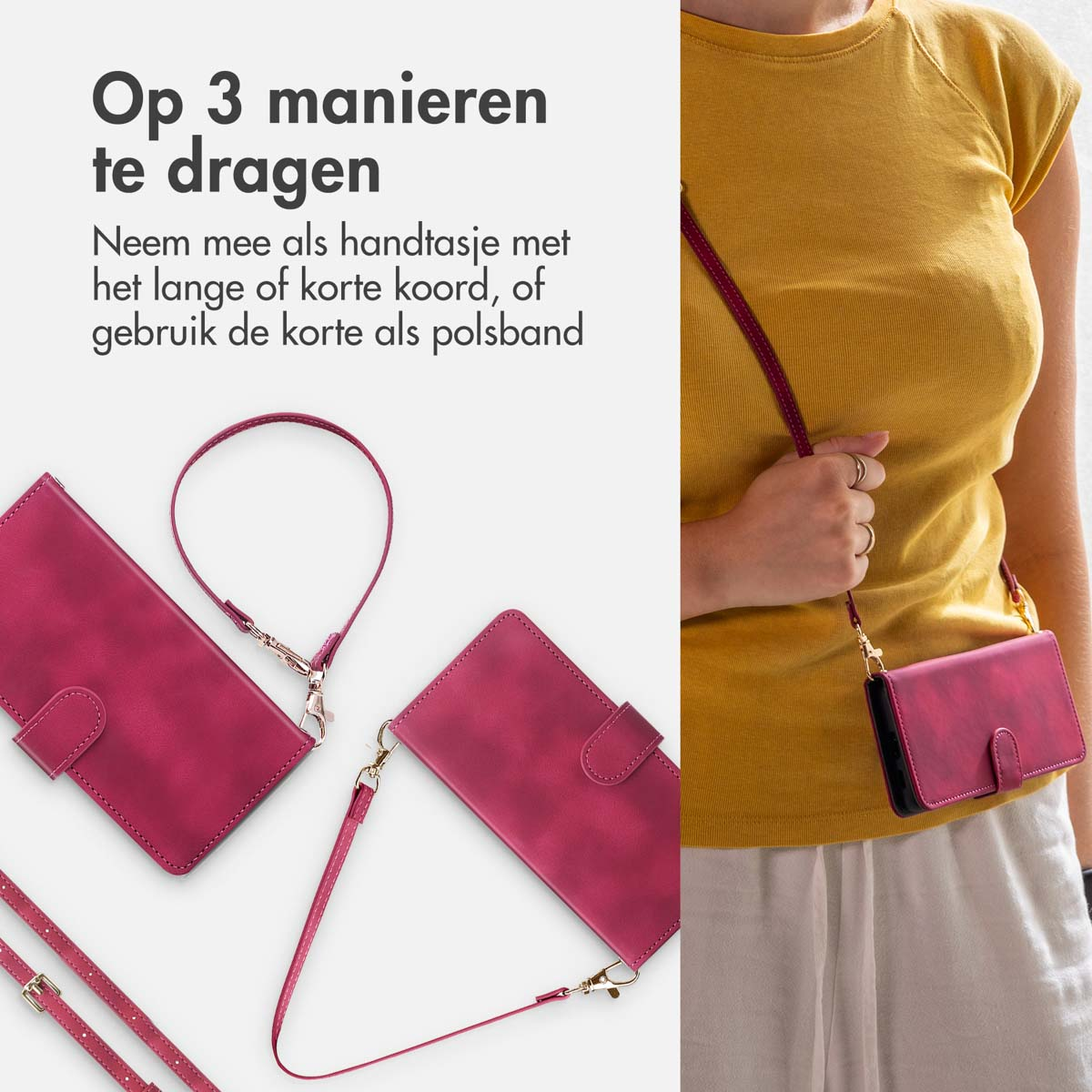 Een vrouw die een roze telefoonhoesje met een koord vasthoudt. De telefoonhoes is op meerdere manieren zichtbaar.