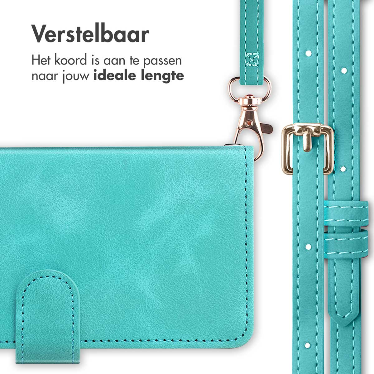 Coque de téléphone turquoise avec sangle amovible turquoise et accessoires dorés.