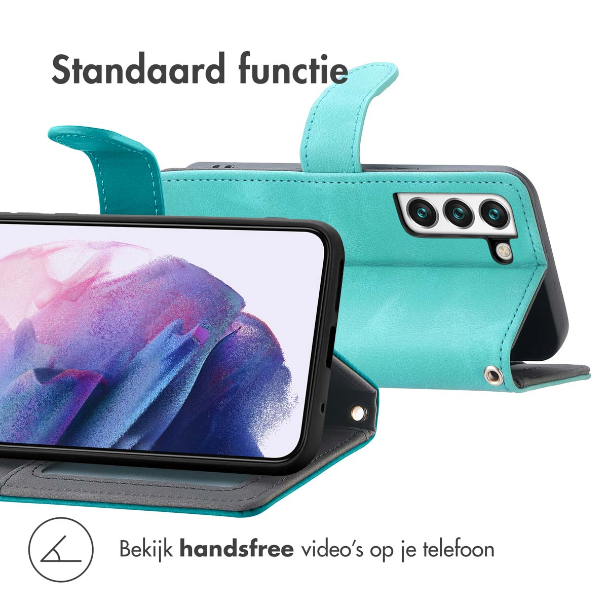 Un étui de téléphone sarcelle tenant un téléphone. Le texte dit "Fonction standard".