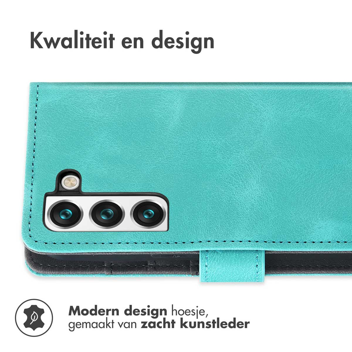 Une coque de téléphone turquoise avec trois objectifs d'appareil photo et une fermeture magnétique.