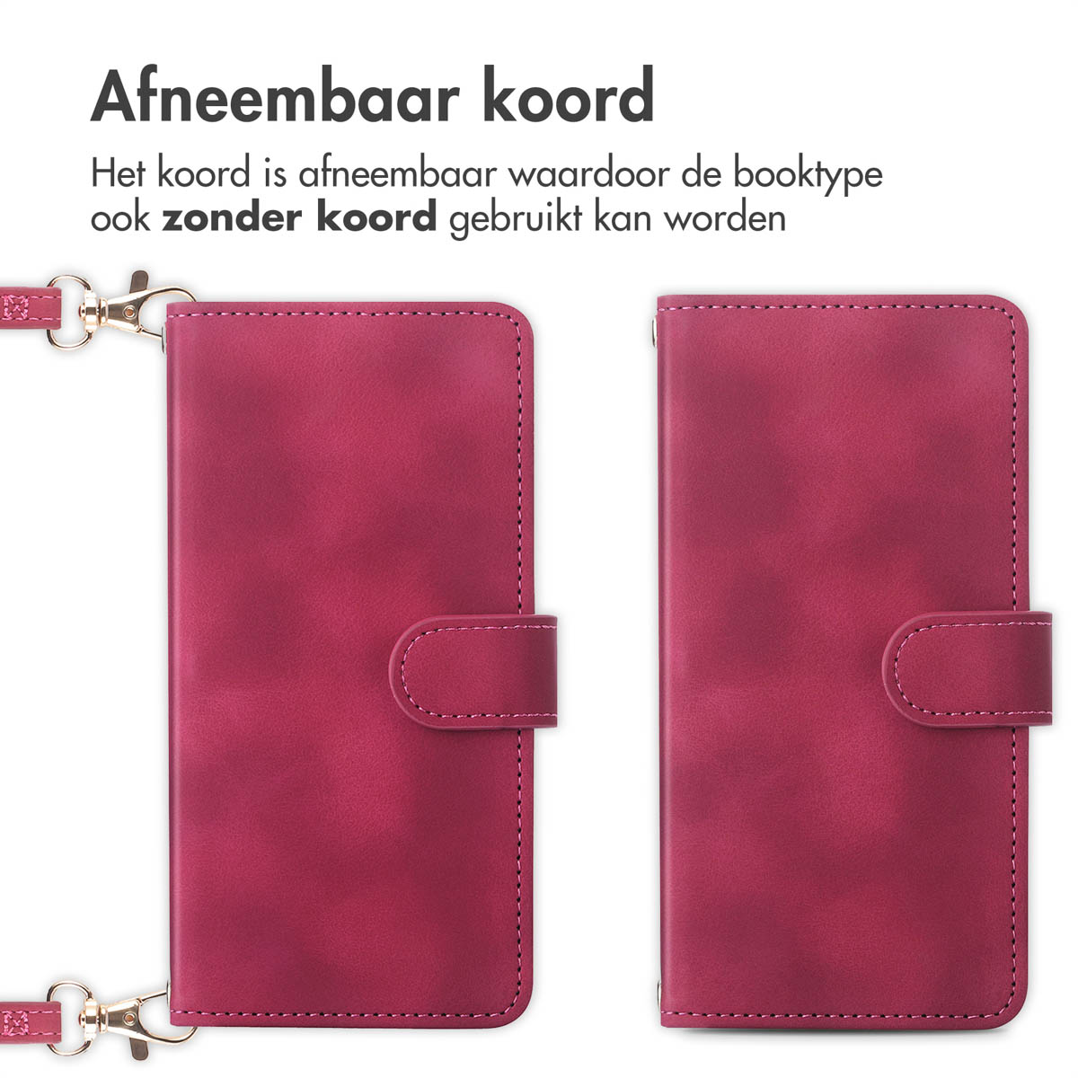 Een roze telefoonhoesje met een afneembaar koord. De hoes is afgesloten met een flap.