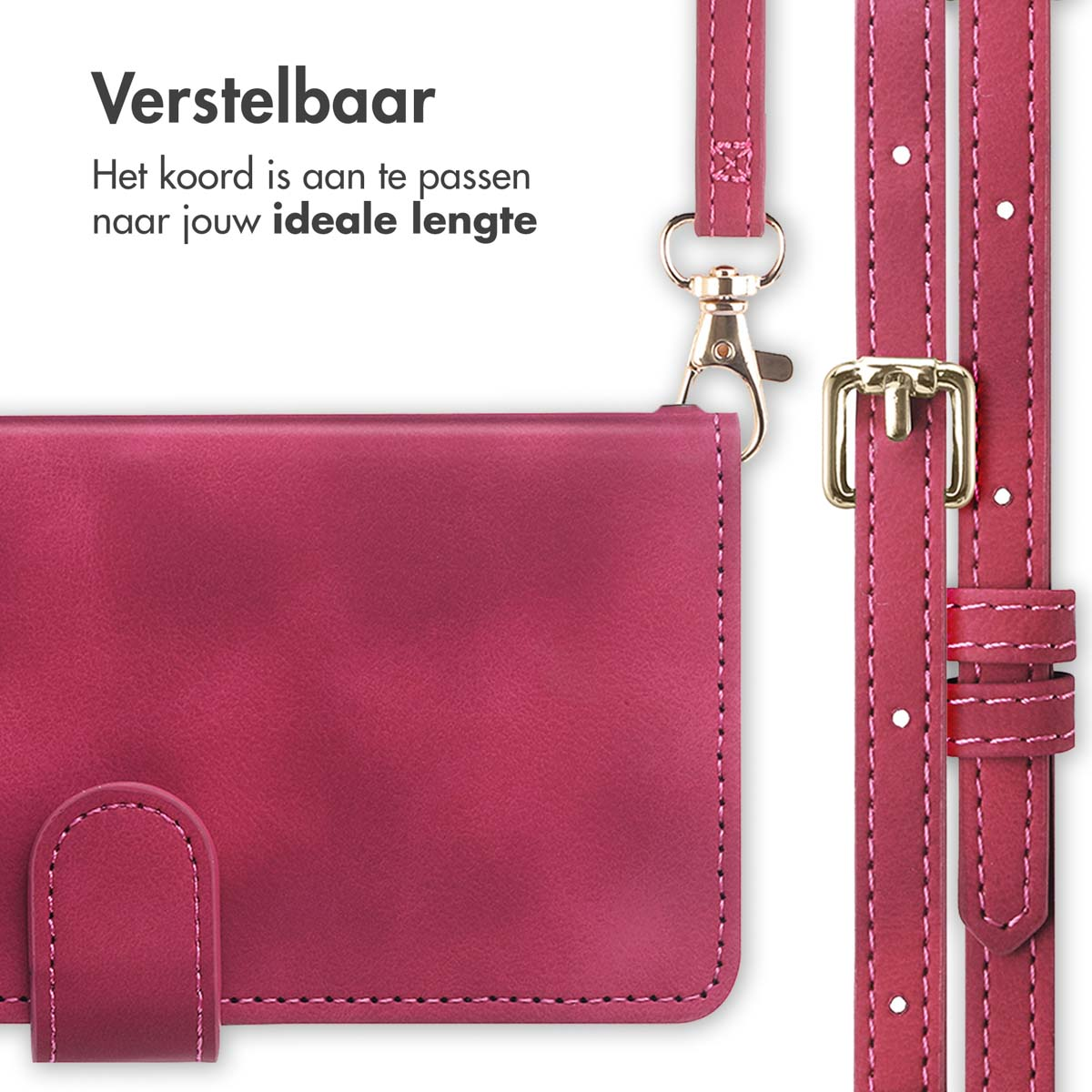 Roze leren portemonnee met verstelbare riem, gouden hardware. Tekst: Verstelbaar, het koord past zich aan je ideale lengte aan.