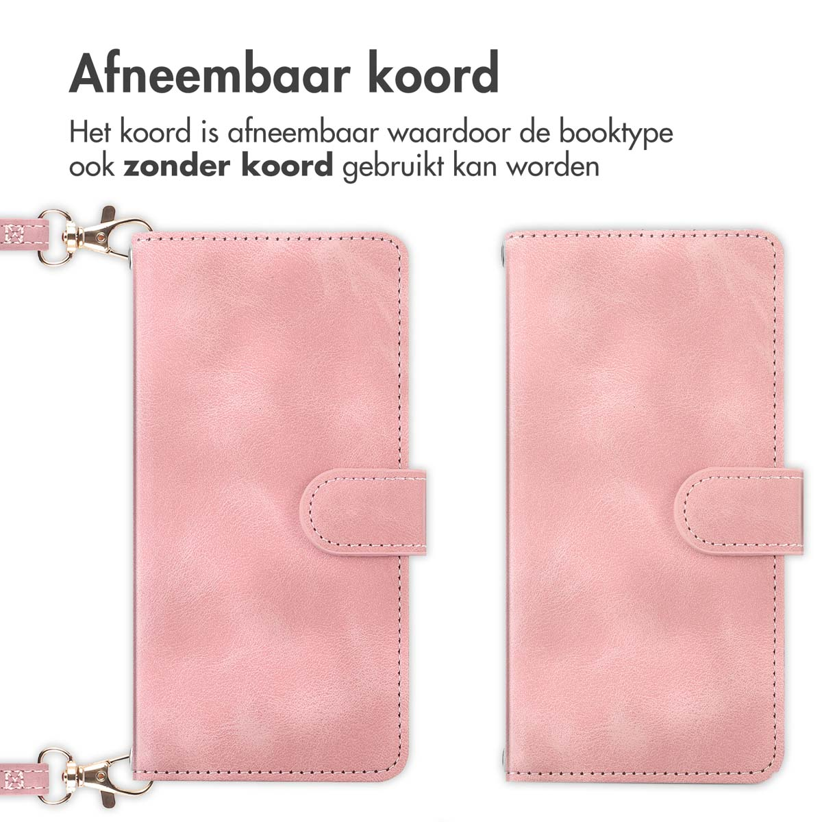 Deux étuis de téléphone roses avec cordon amovible, présentés sur fond blanc.