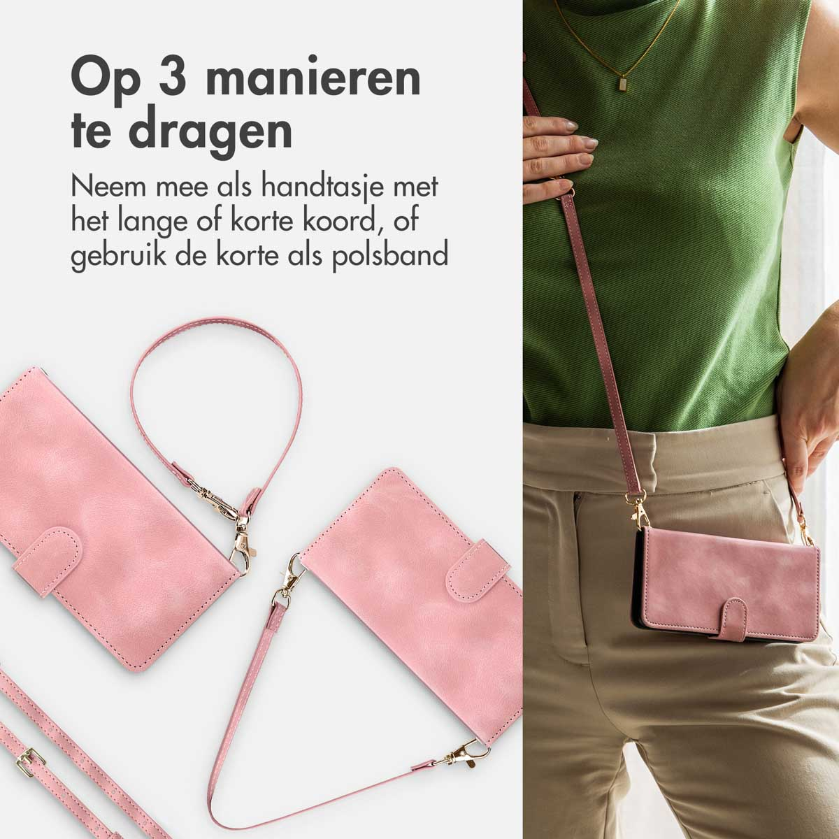 Femme en chemise verte tenant un étui de téléphone rose avec une sangle et des étuis.