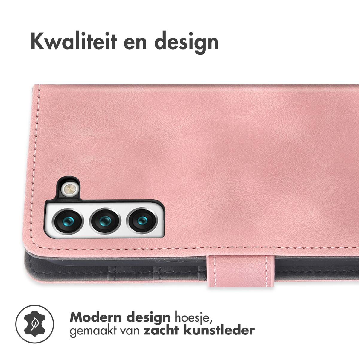 Coque de téléphone en cuir rose avec un design cousu et une petite découpe pour l'appareil photo. Texte en néerlandais.