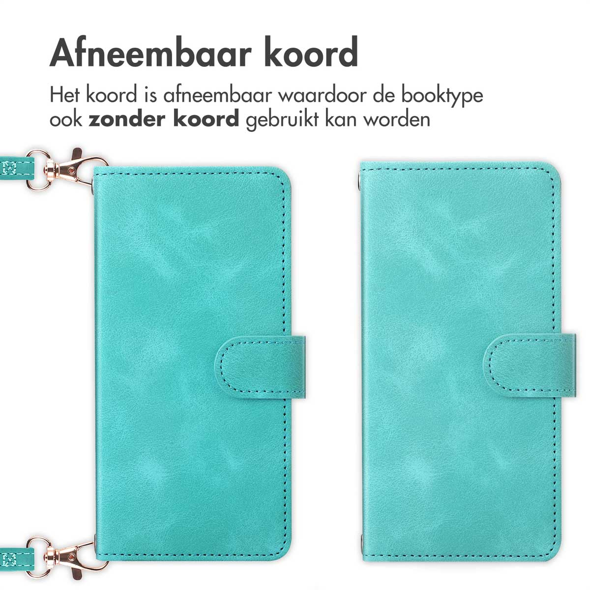 Teal telefoonhoesje met een afneembaar koord. De hoes heeft een magnetische sluiting.