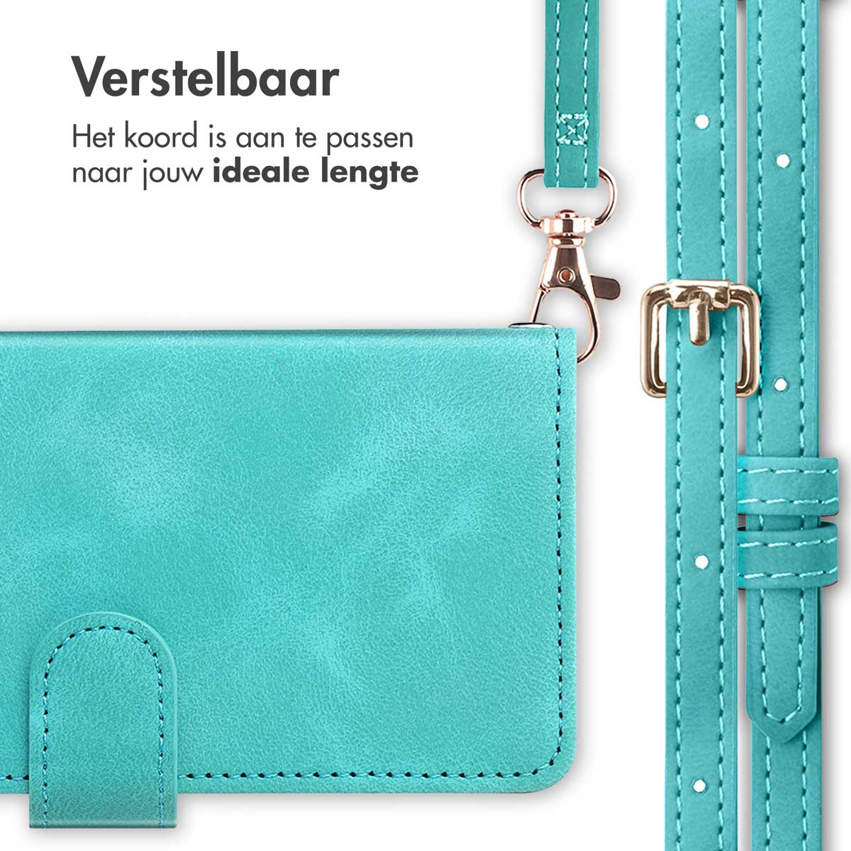 Zeesgroene telefoonhoes met een gouden sluiting en riem. Tekst zegt verstelbaar en de lengte is ideaal.