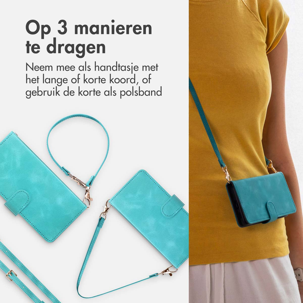 Een turquoise telefoonhoesje met een lange riem. Enkele hoesjes zijn uitgespreid.