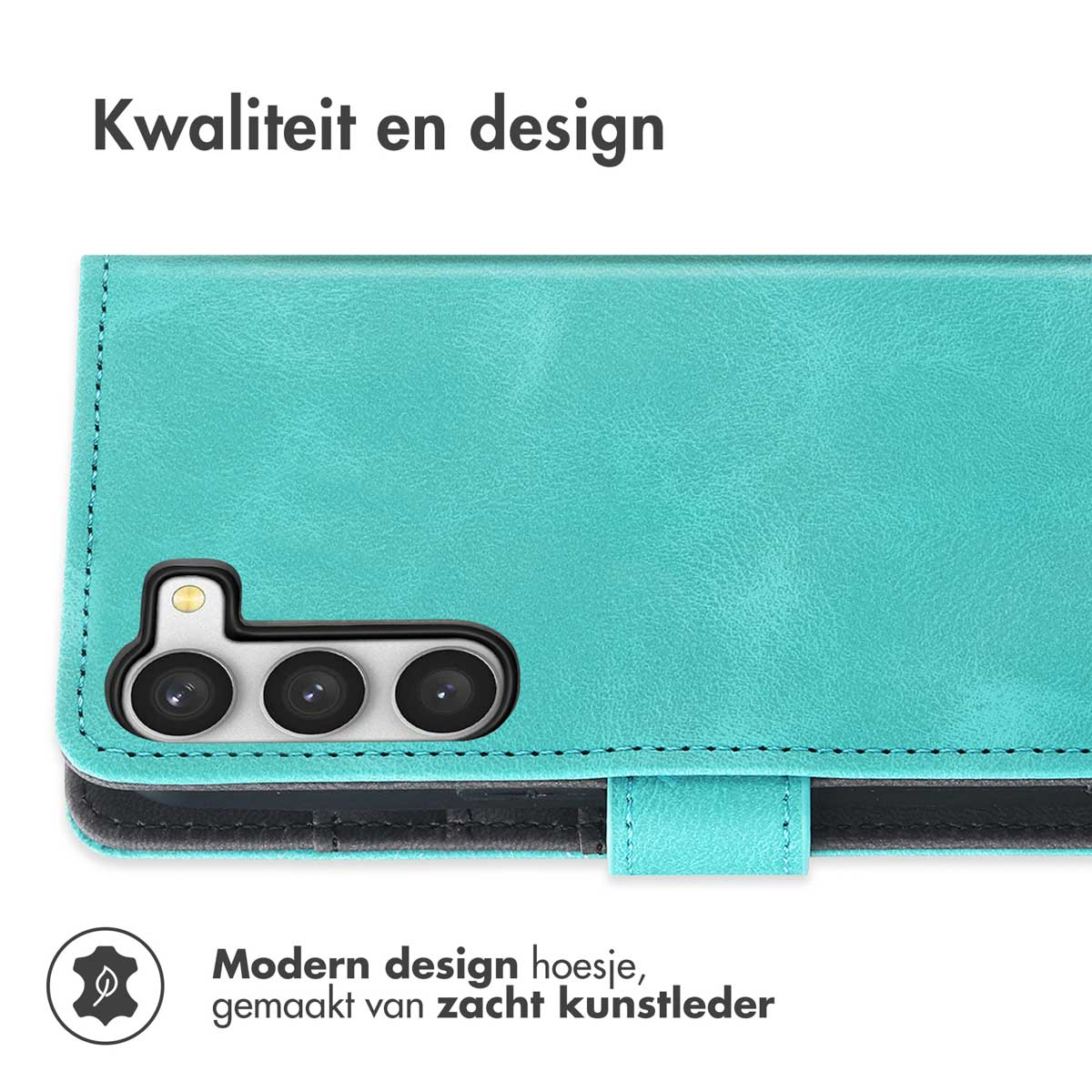 Een turquoise telefoonhoesje. Tekst zegt: Modern design, gemaakt van zacht synthetisch leer.