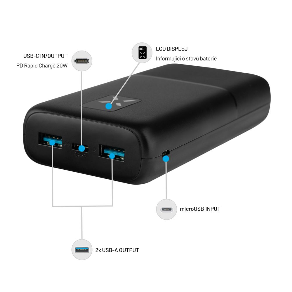 Schwarze Powerbank mit Anschlüssen und Beschriftungen. Text weist auf USB-C-, USB-A- und microUSB-Ein-/Ausgänge hin.
