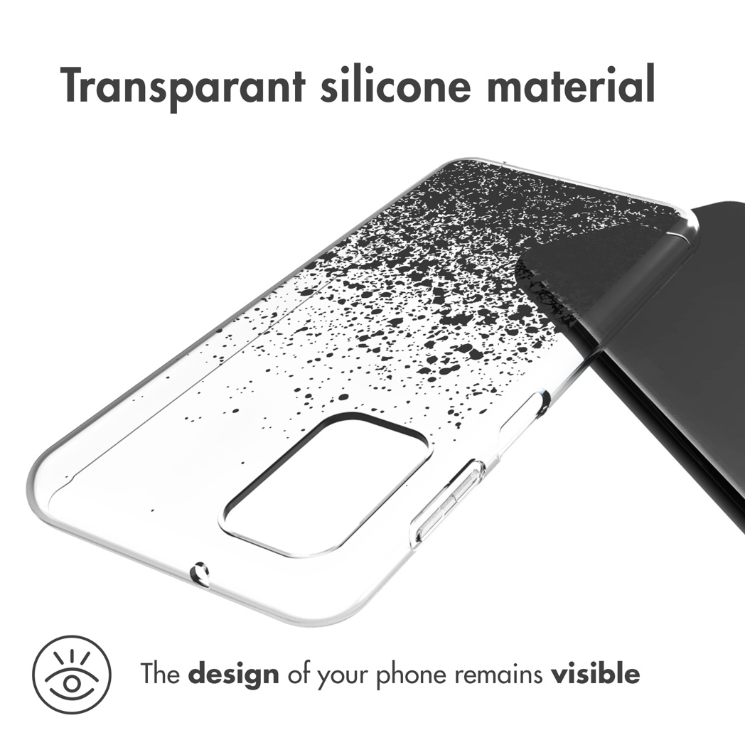 Transparante telefoonhoes met zwart spetterontwerp. Tekst: Design blijft zichtbaar.