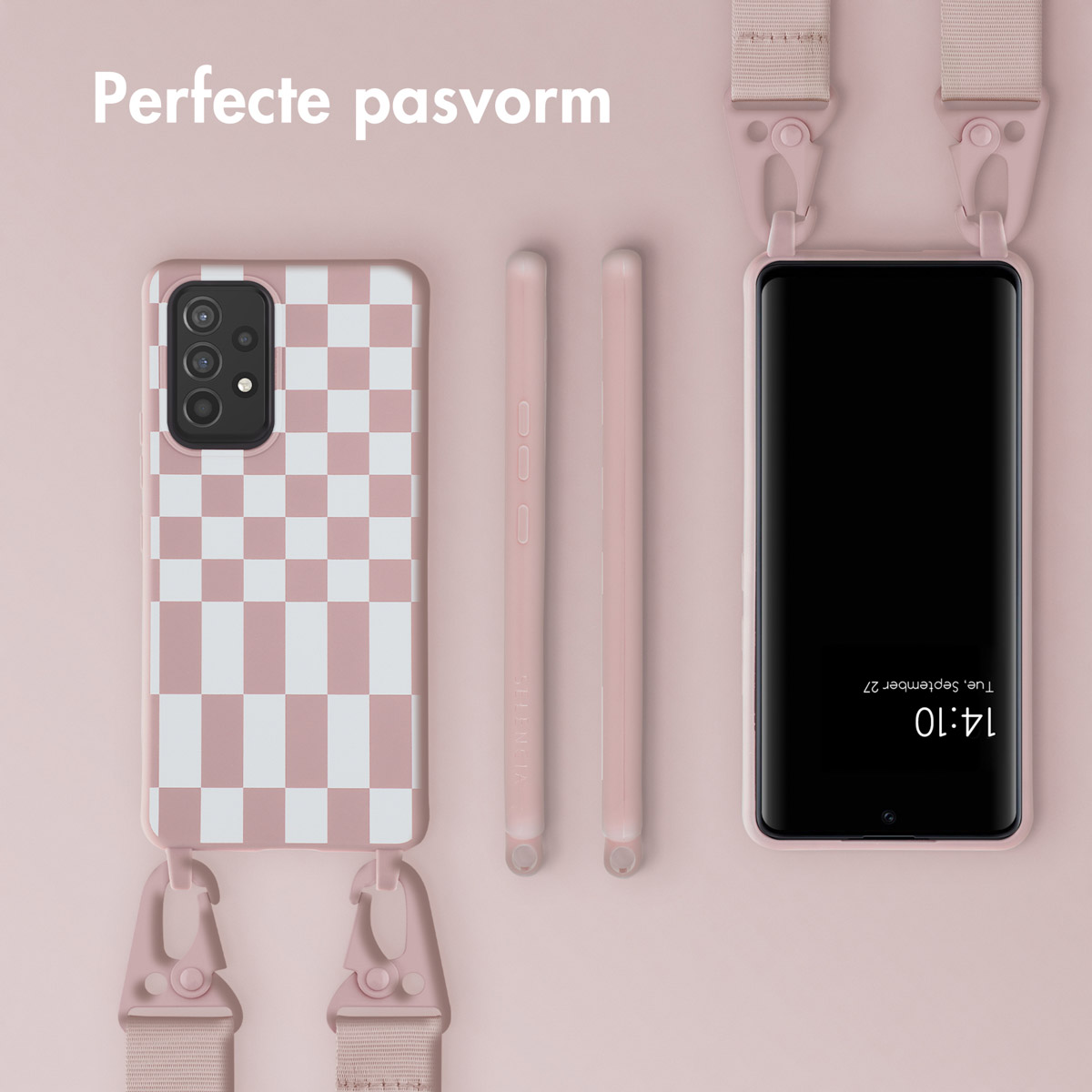 Custodia rosa a scacchi con cinturino, due cinturini extra e telefono con data.
