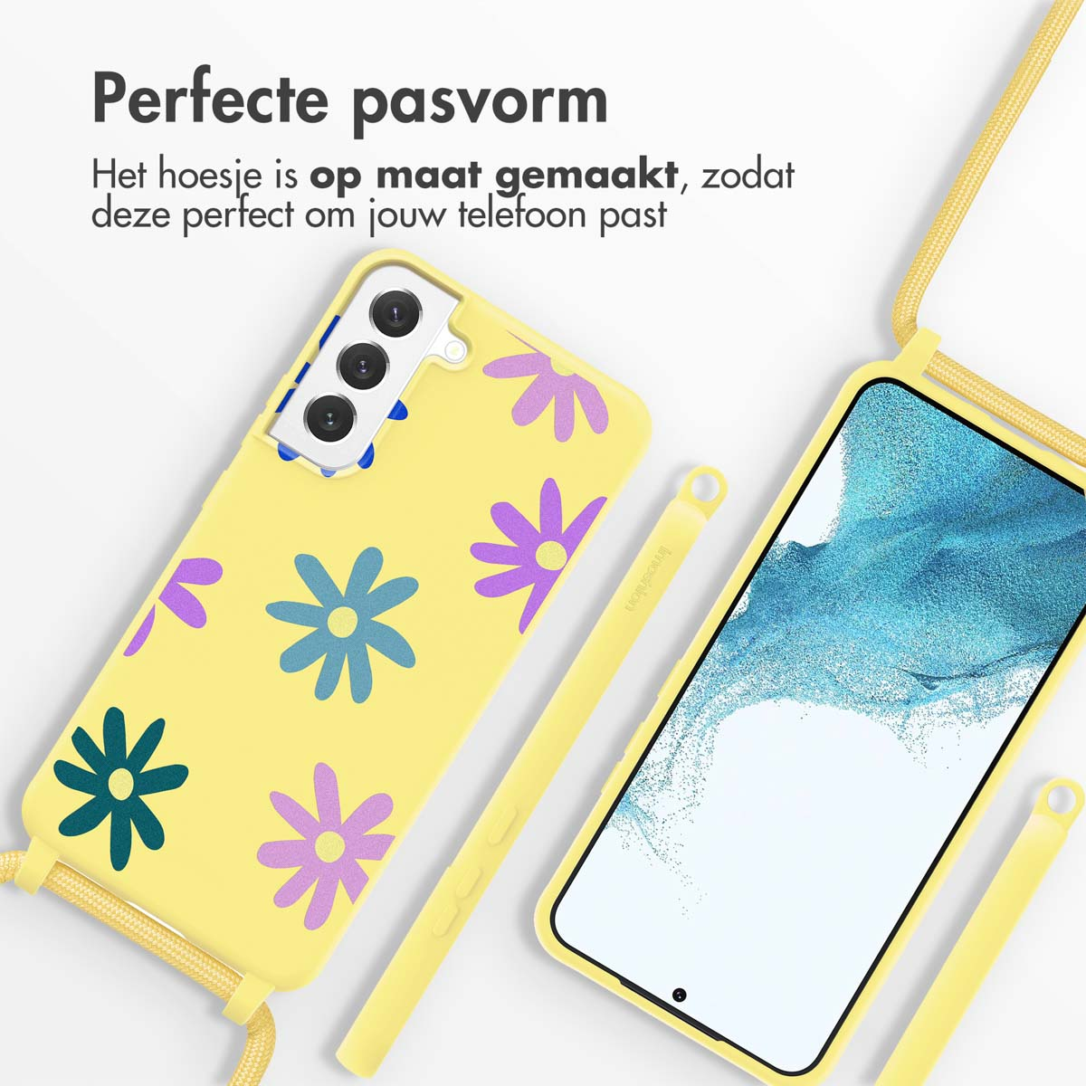 Gele telefoonhoes met bloemenpatroon, telefoon en bijpassende gele accessoires.