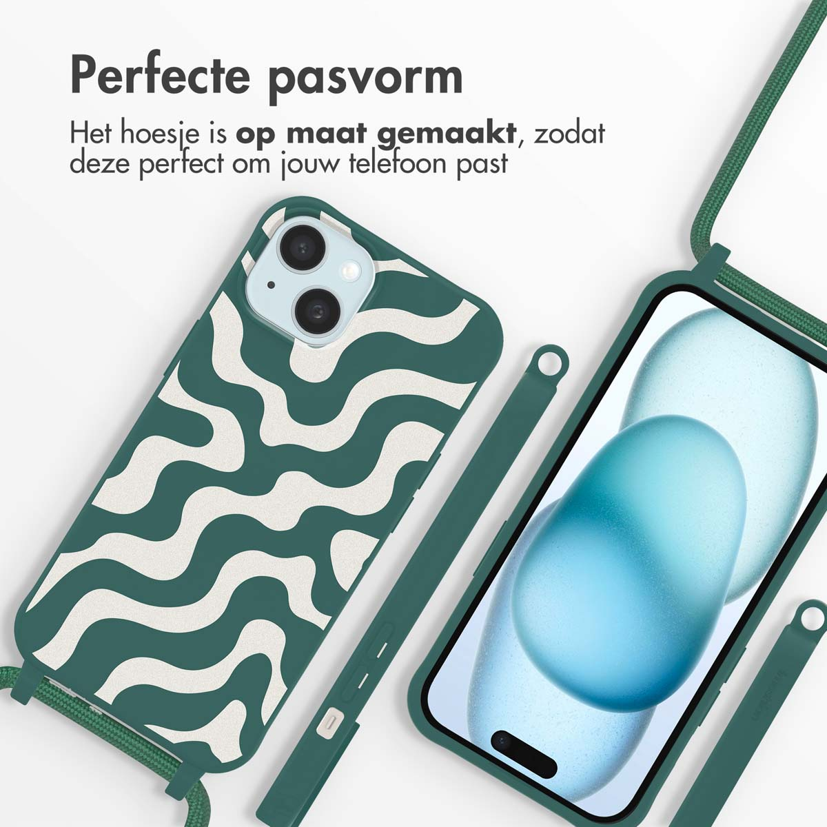 Groene telefoonhoes met wit golfpatroon, een bandje en een telefoon erin.