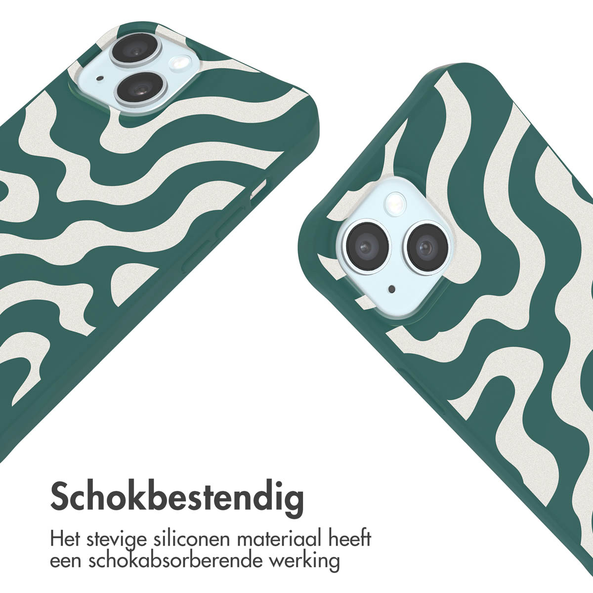 Twee telefoonhoesjes. Groen en wit golvend patroon. De tekst "Schokbestendig" staat onderaan.