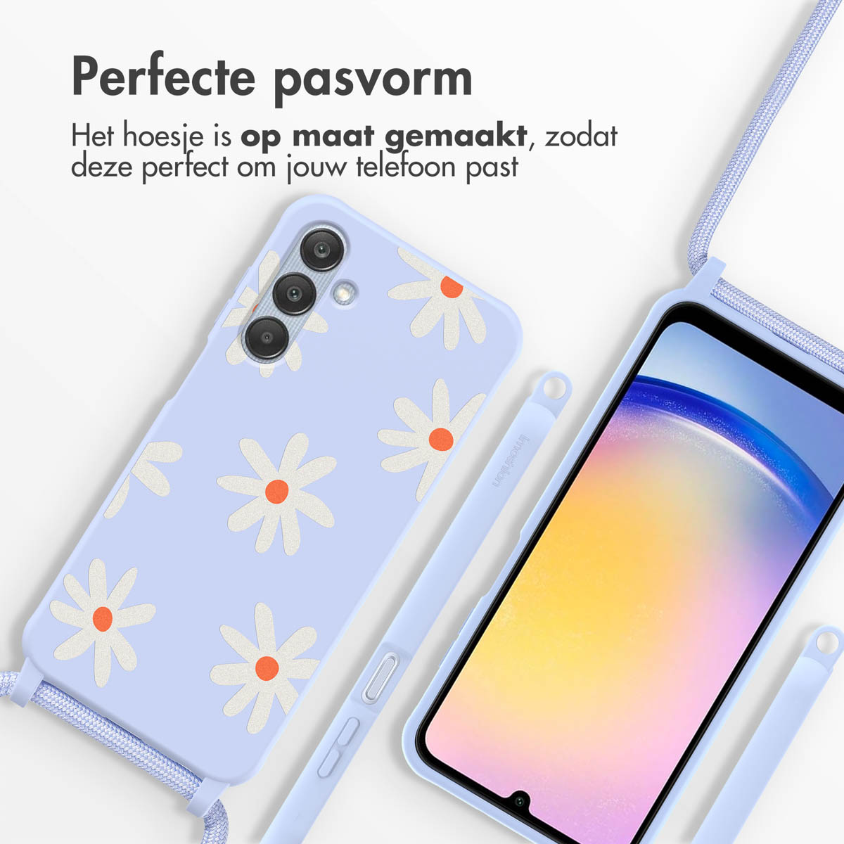 Een telefoonhoesje met madeliefpatroon en een koord. Tekst zegt perfecte pasvorm.