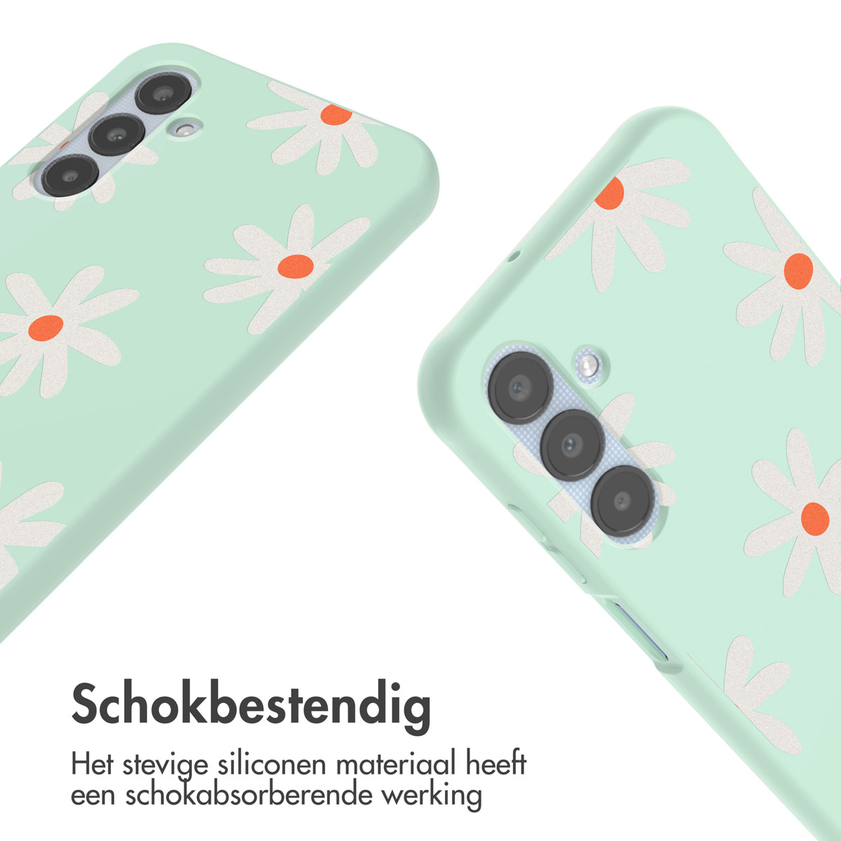 Twee telefoonhoesjes met madeliefpatronen. De tekst benadrukt schokbestendigheid.