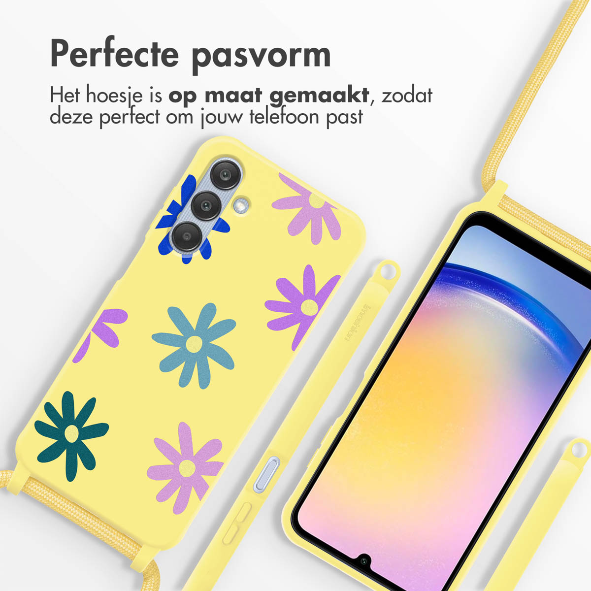 Gele telefoonhoes met bloemen, telefoon met een gele lanyard. De tekst zegt perfecte pasvorm.