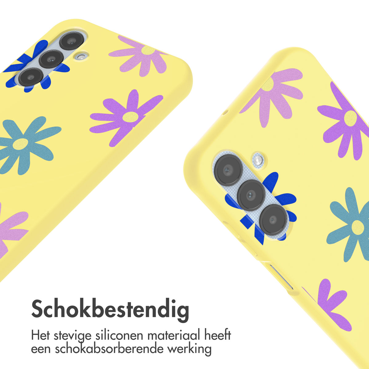 Gele telefoonhoes met paars en blauw bloemenpatroon, en tekst 'Schokbestendig'.