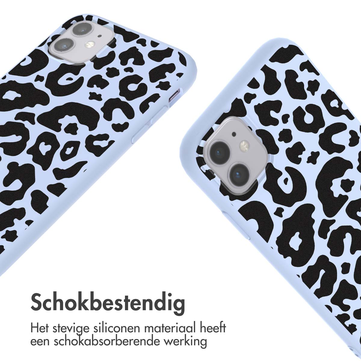 Zwei Handyhüllen mit blauem Hintergrund und einem Muster aus schwarzen Leopardenflecken.