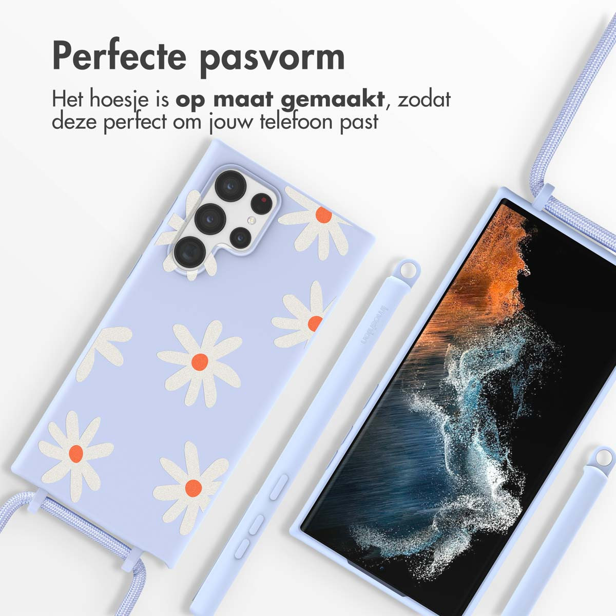 Twee telefoonhoesjes en een telefoon met madeliefjesontwerp. Een koord is ook in de afbeelding.