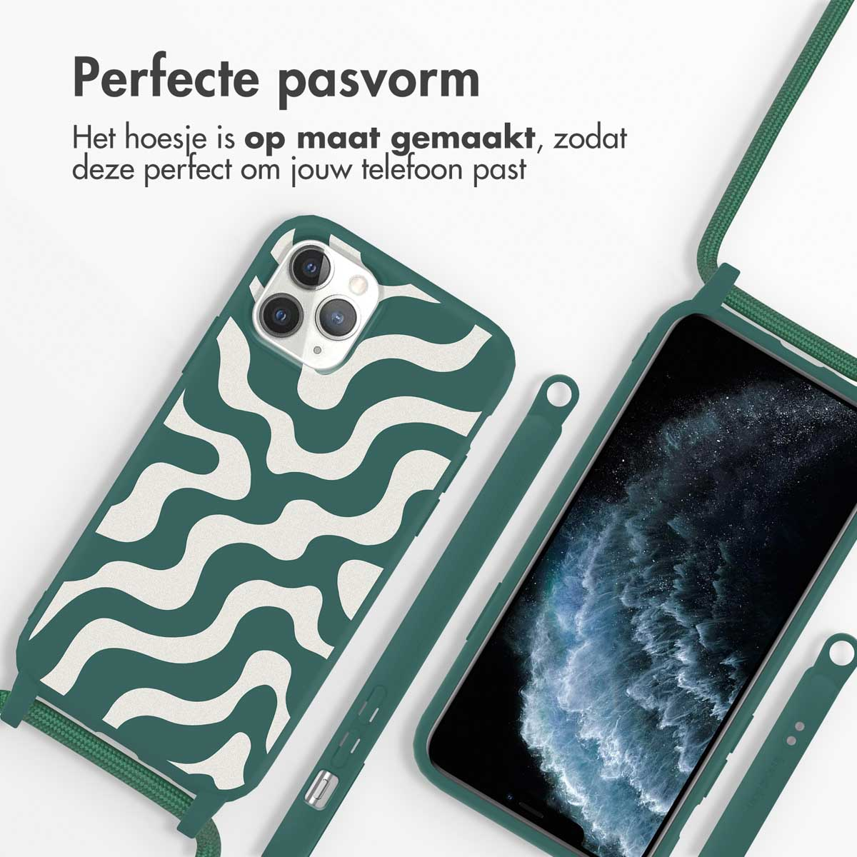 Un telefono in una custodia verde con un motivo a onde e un cordino, accanto a un'altra custodia simile.