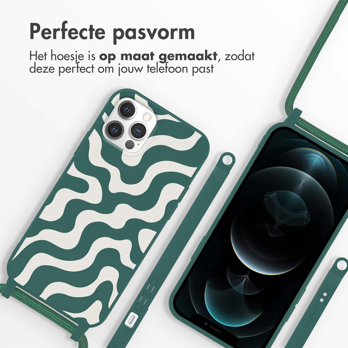 Groene telefoonhoes met wit golfpatroon en bijpassende band, telefoon zichtbaar.
