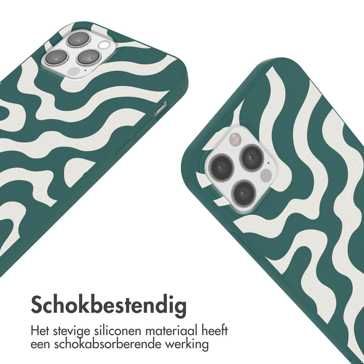 Twee telefoonhoesjes, groen met wit golvend patroon. Tekst: Schokbestendig.