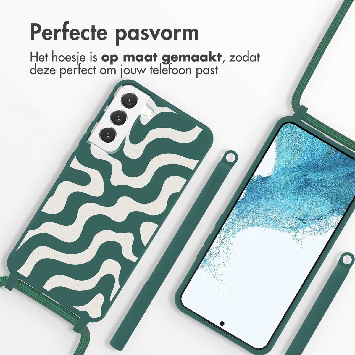 Deux coques de téléphone, une avec des vagues vertes et une autre avec un écran bleu. Les deux ont un cordon vert.