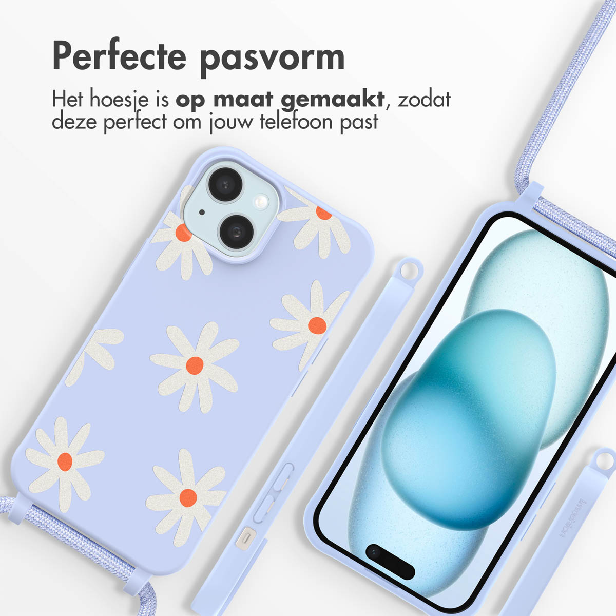 Telefoonhoesje met madelief design, telefoon en polsbandje. Lichtblauw.