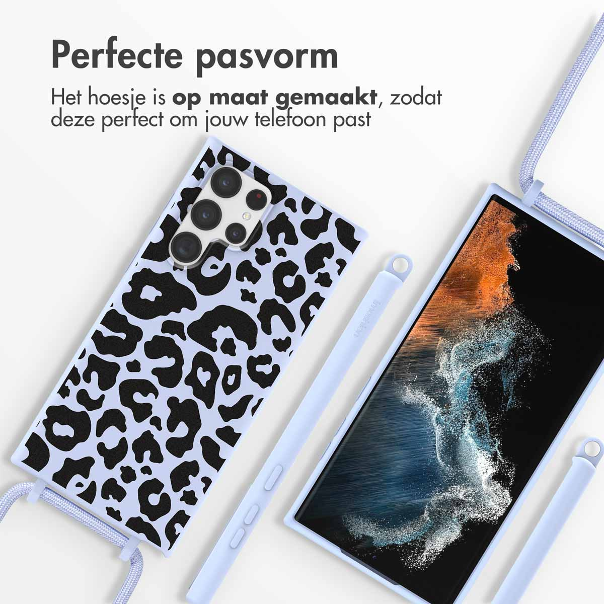 Telefoonhoesje met luipaardprint en een telefoon met stylus. Tekst zegt 'Perfecte pasvorm'.