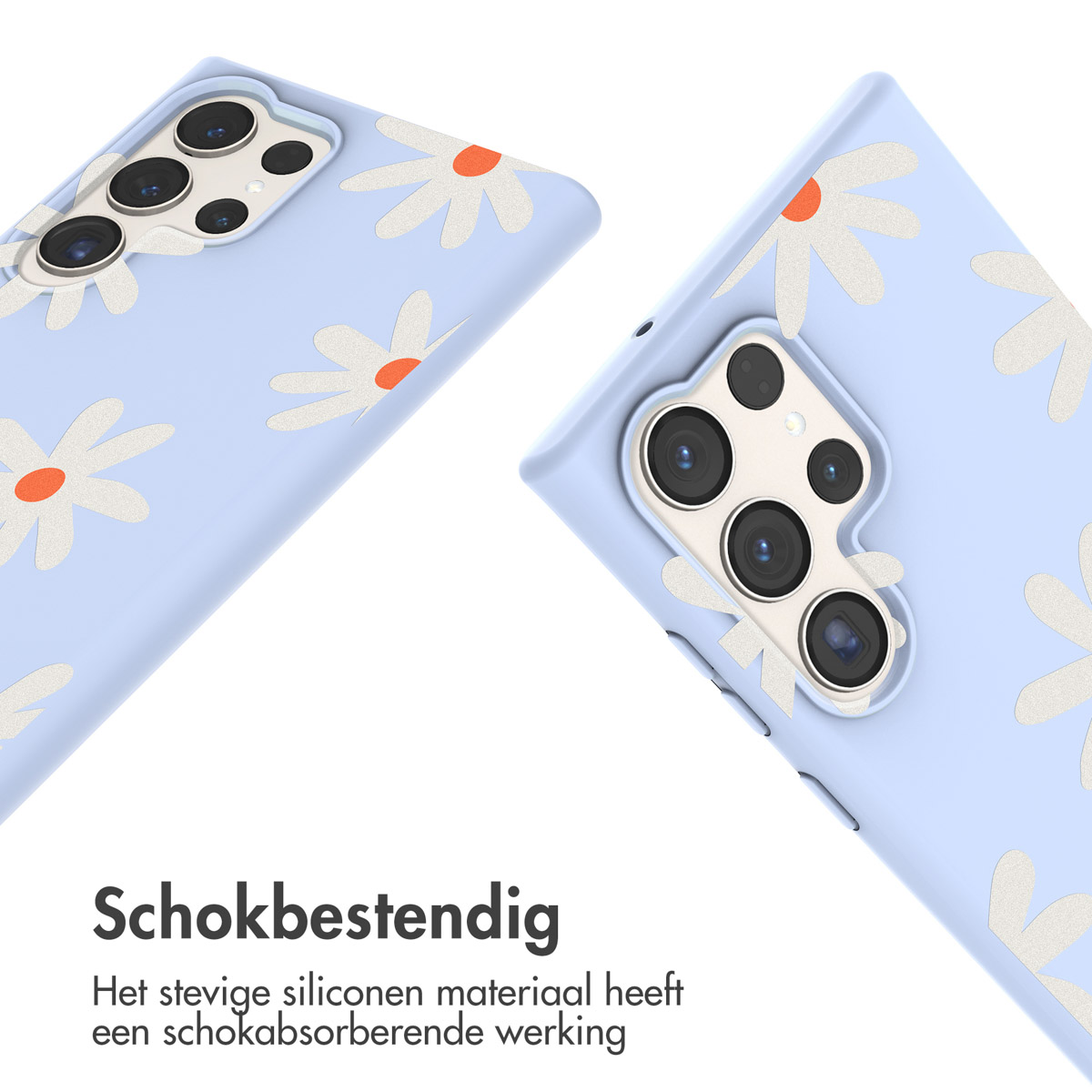 Lichtblauwe telefoonhoesjes met witte madeliefjespatroon en Nederlandse tekst: Schokbestendig (Schokbestendig).