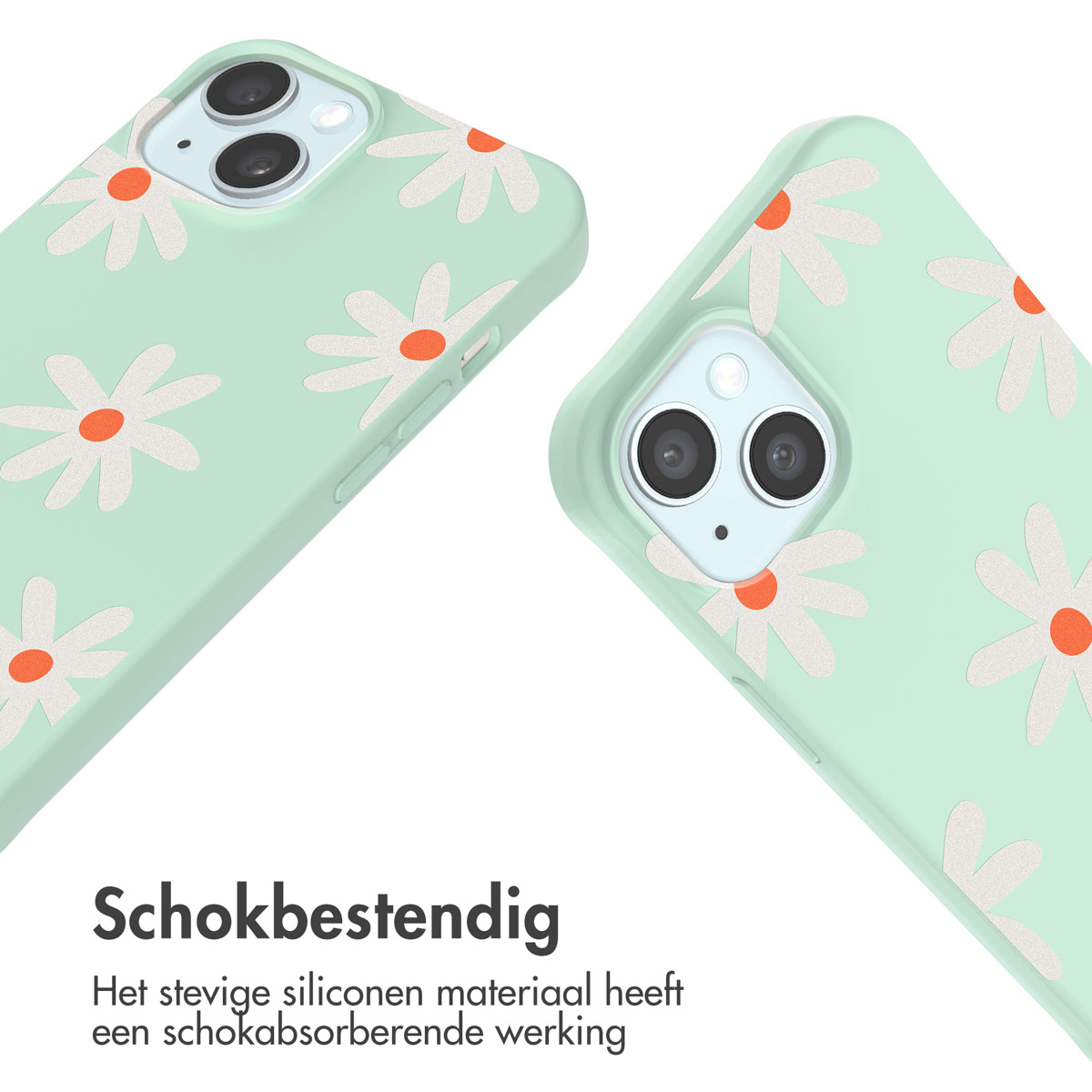 Twee telefoonhoesjes met madeliefpatronen, tonen het ontwerp en de kenmerken van de hoes.