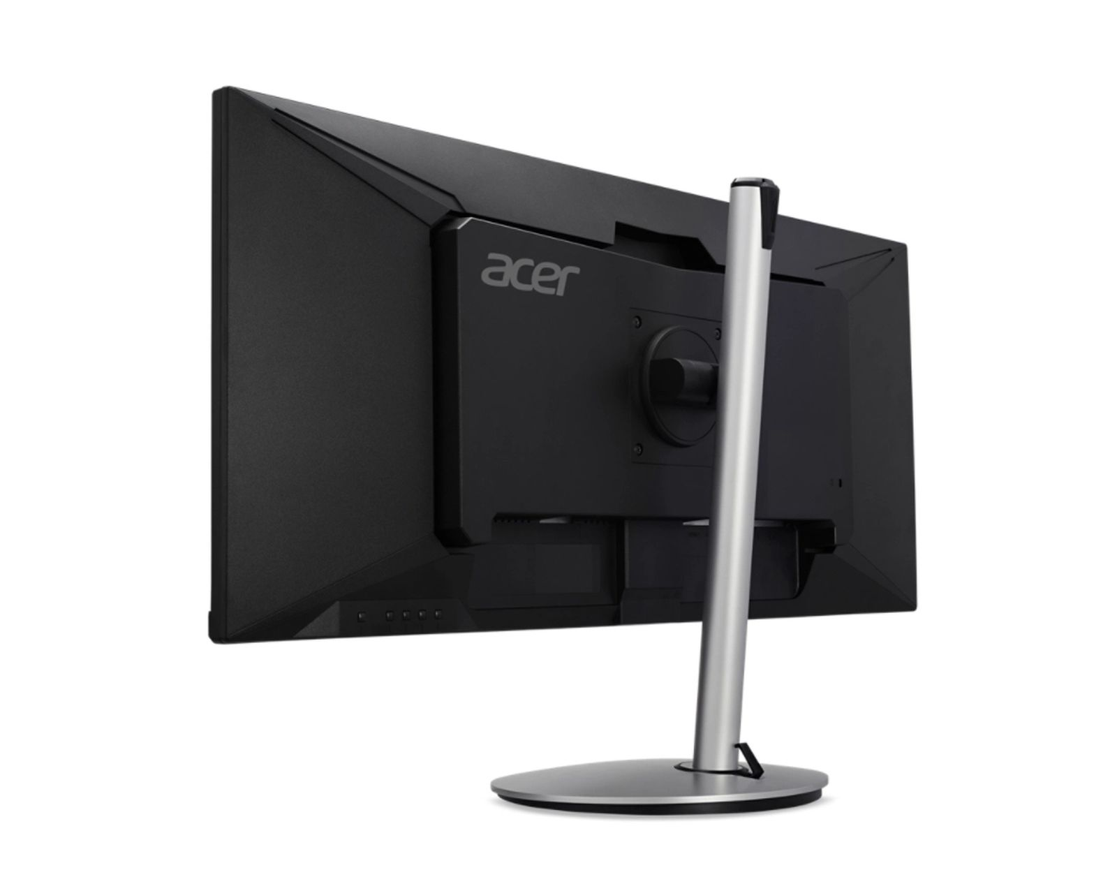 Black Acer monitor, rear view. Silver stand, black back with logo, angled against a white background.