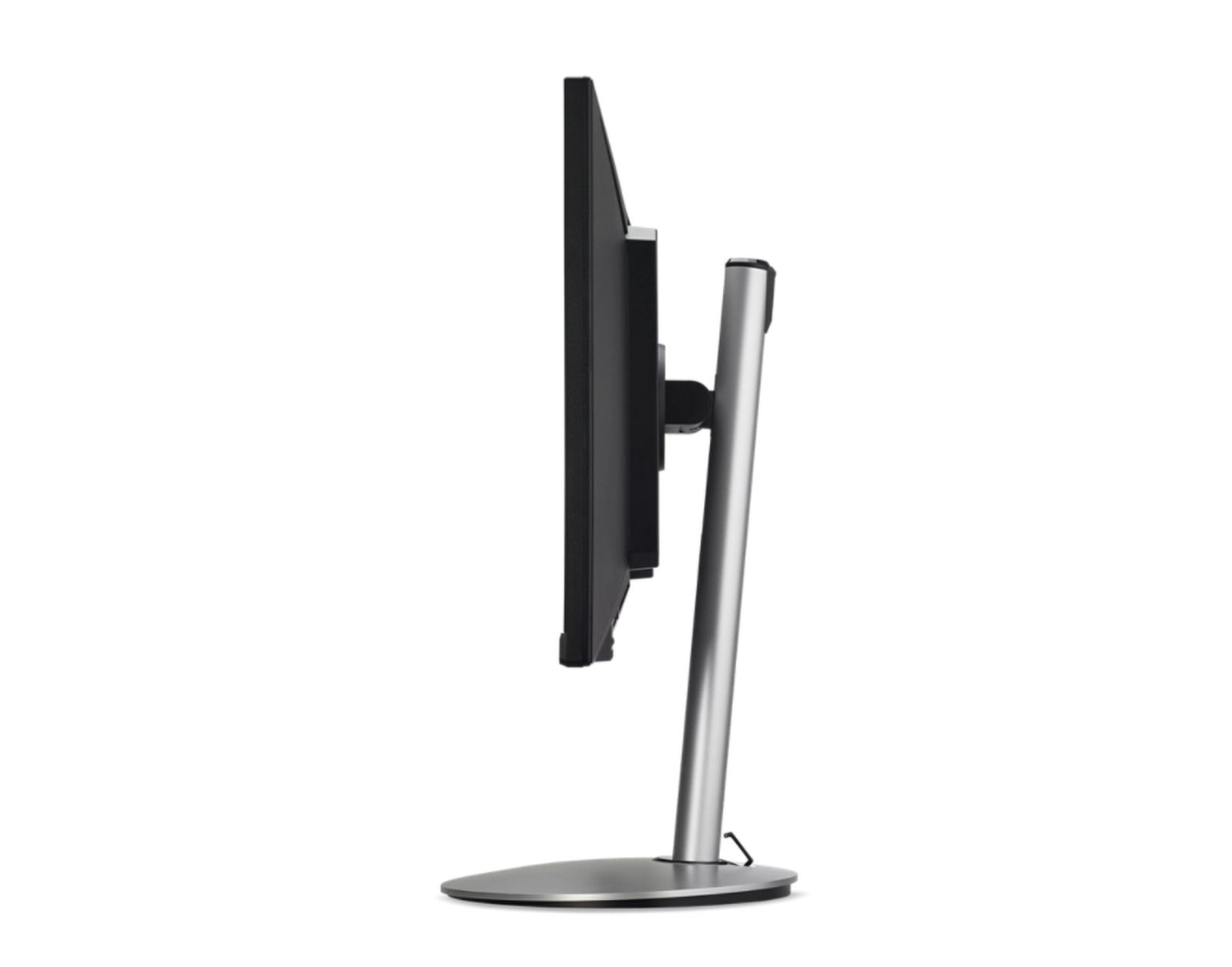 Side view of a computer monitor with a silver stand on a white background.