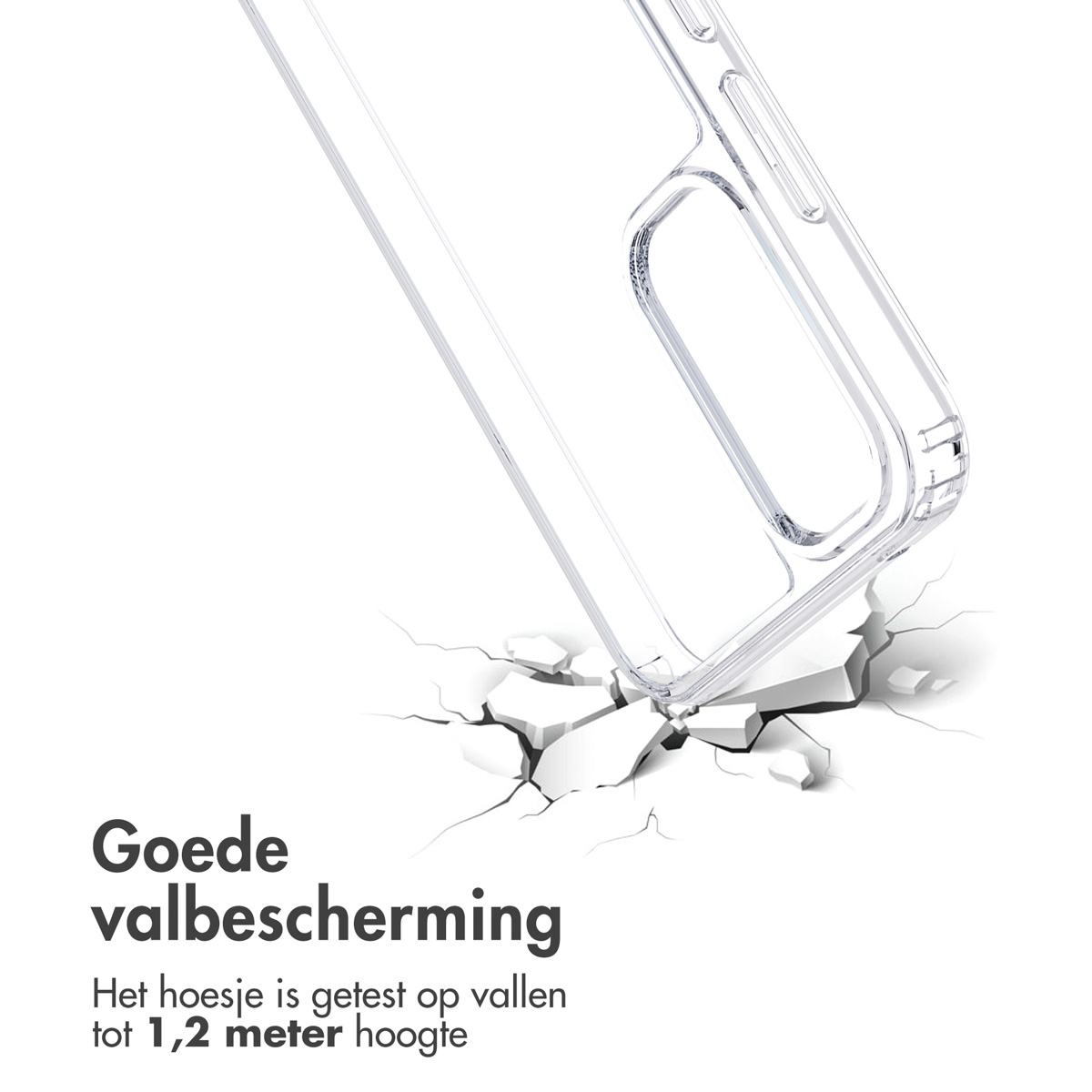 Une coque de téléphone transparente est placée sur une surface blanche. La coque est fissurée comme si elle était tombée.