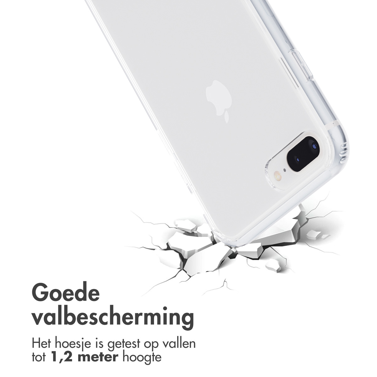 Coque transparente avec téléphone, chute et surface fissurée.