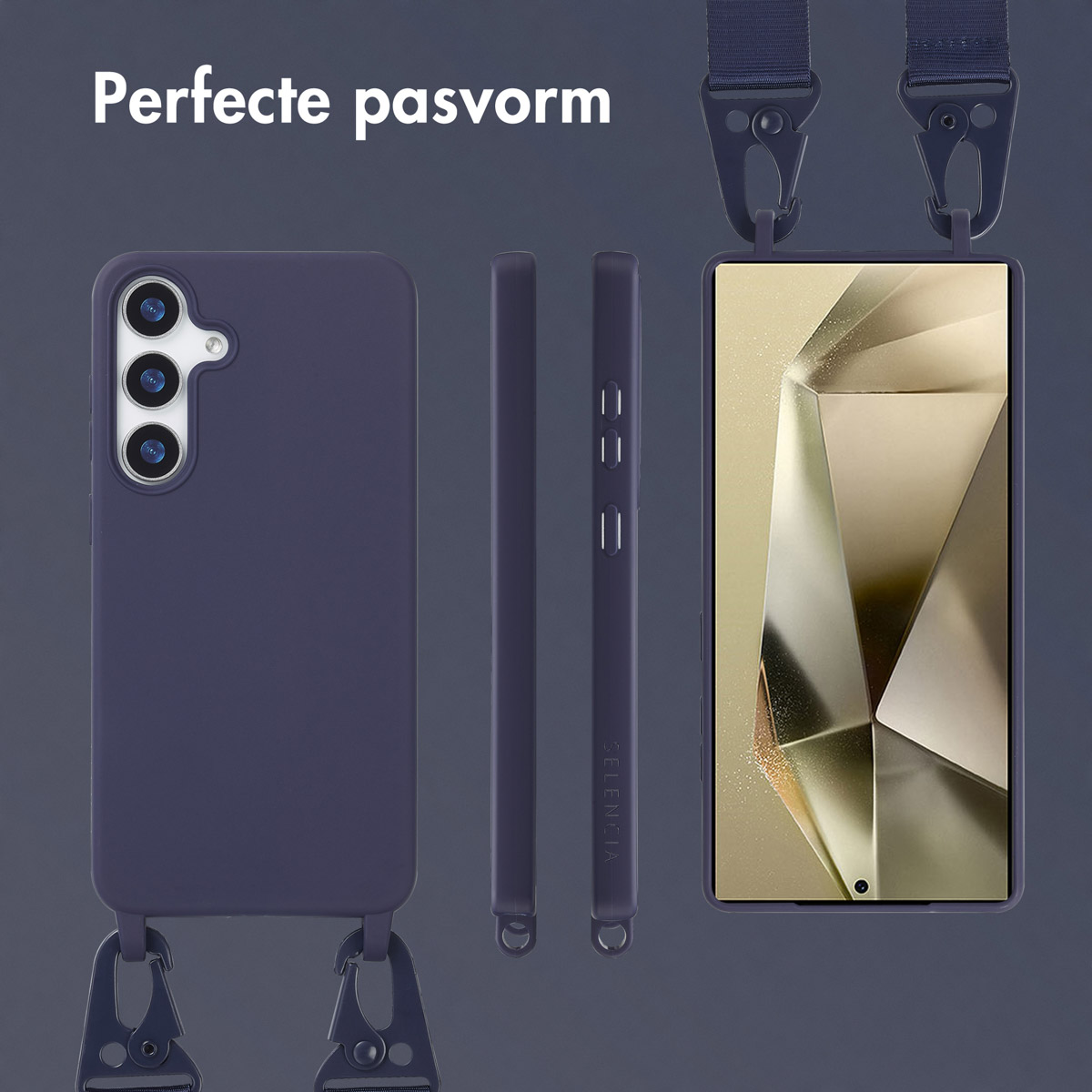 Blauwe telefoonhoes en telefoon. Tekst: Perfecte pasvorm. Zijaanzicht van telefoon en hoes. Telefoonriemen.