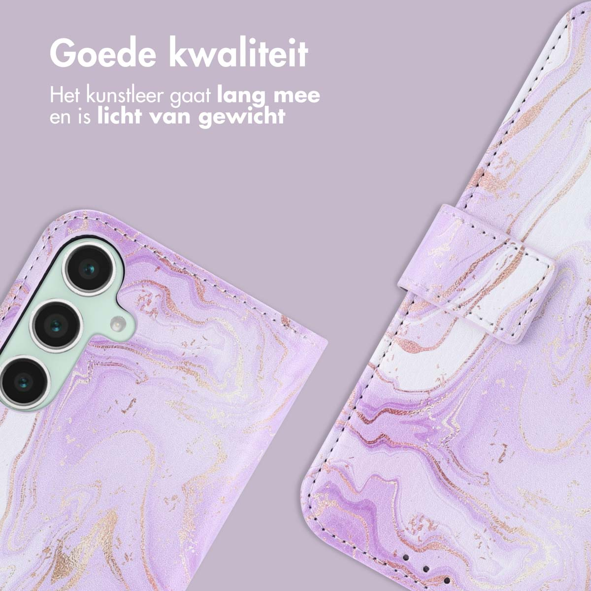 Gros plan sur un étui de téléphone violet et doré, montrant l'extérieur avec une attache et des textures.