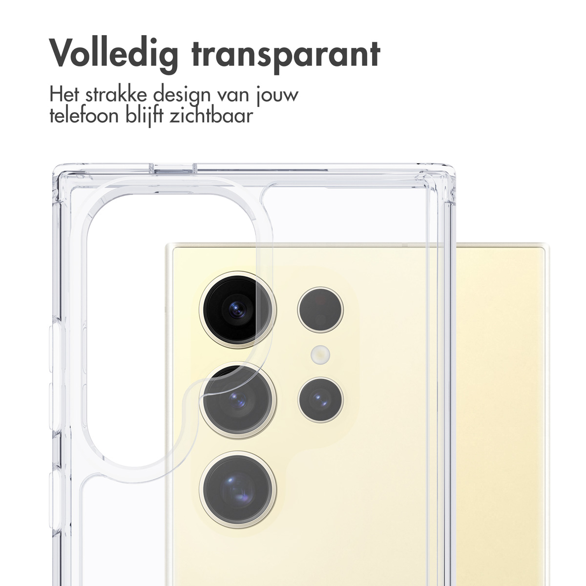 Une coque de téléphone transparente sur un téléphone avec un dos jaune. Transparence totale.
