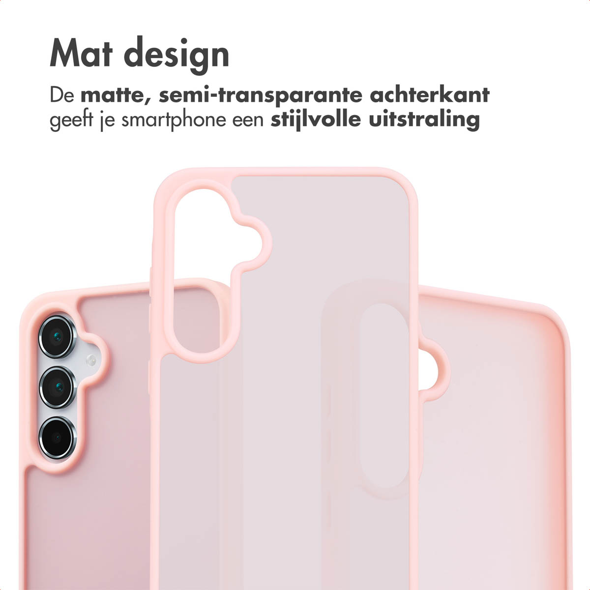 Roze telefoonhoesjes op een telefoon. Tekst zegt 'Mat design'.