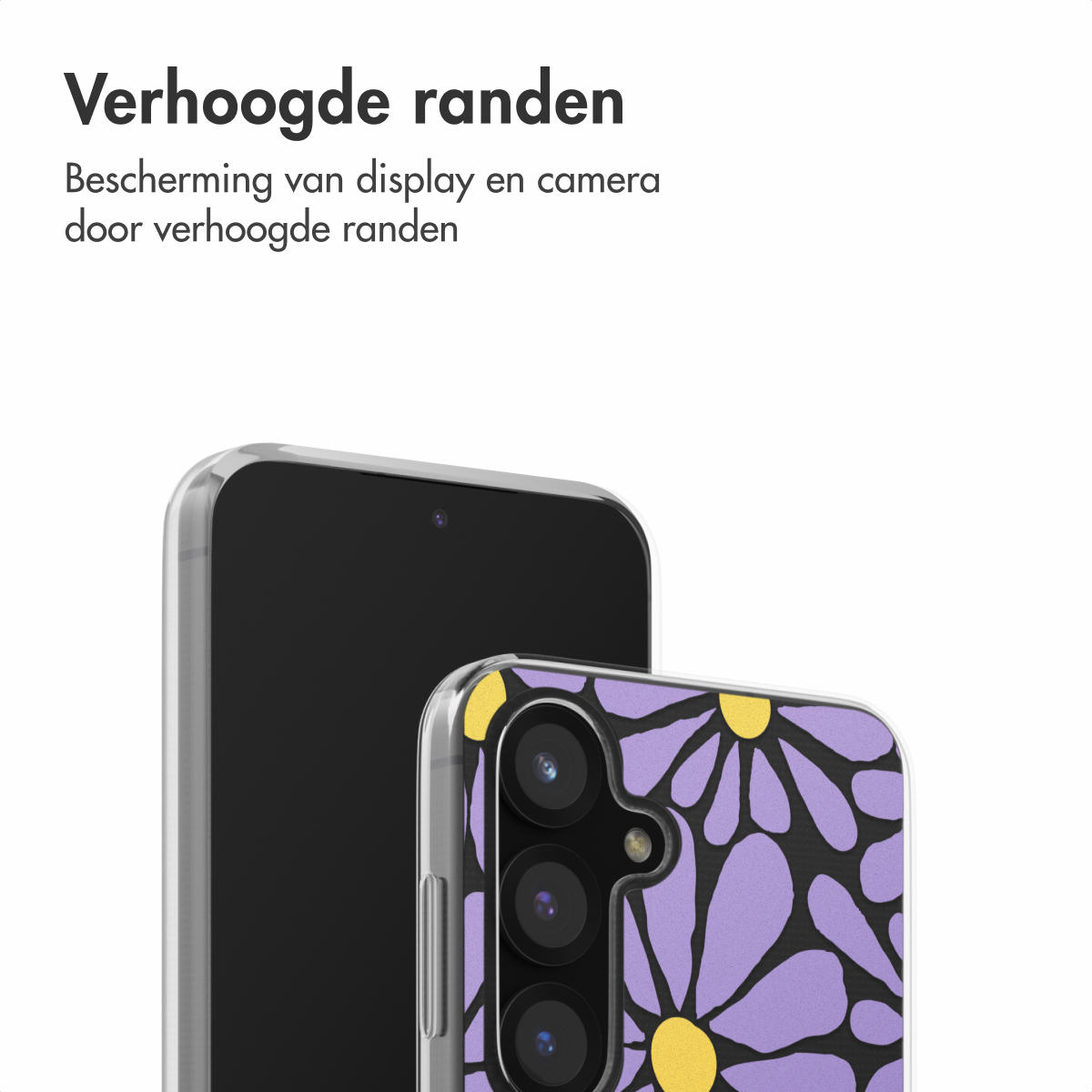 Un téléphone dans une coque transparente avec un motif de fleurs violettes et jaunes, avec un téléphone derrière.